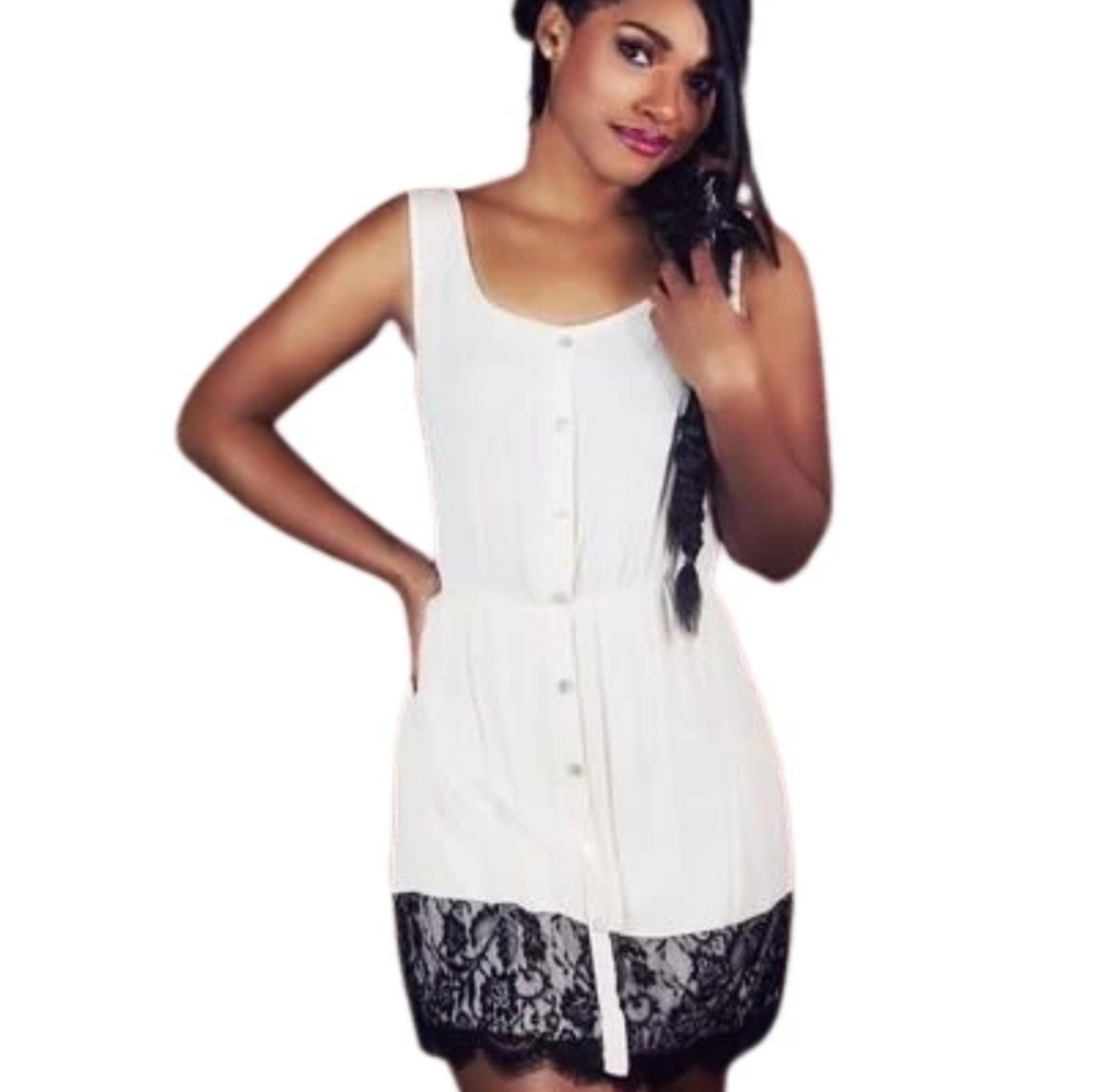 Beige Dress with Black Lace Trim